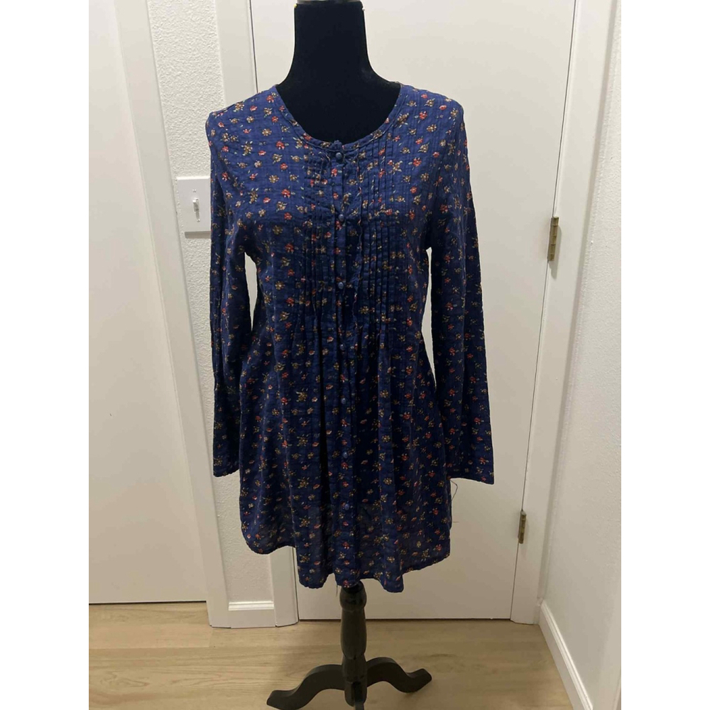 Womens Navy Blue Floral Pintuck Tunic Blouse XXL Long Sleeve Boho Peasant Top